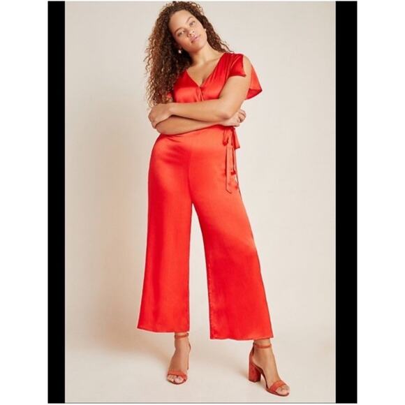 Anthropologie Maquelle Red Satin Short Sleeve Wide Leg Jumpsuit NEW Womes Medium - Picture 1 of 11